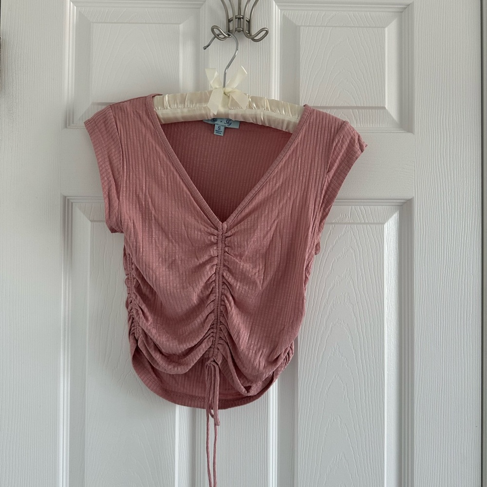Pink Ruched V-Neck Women's Top